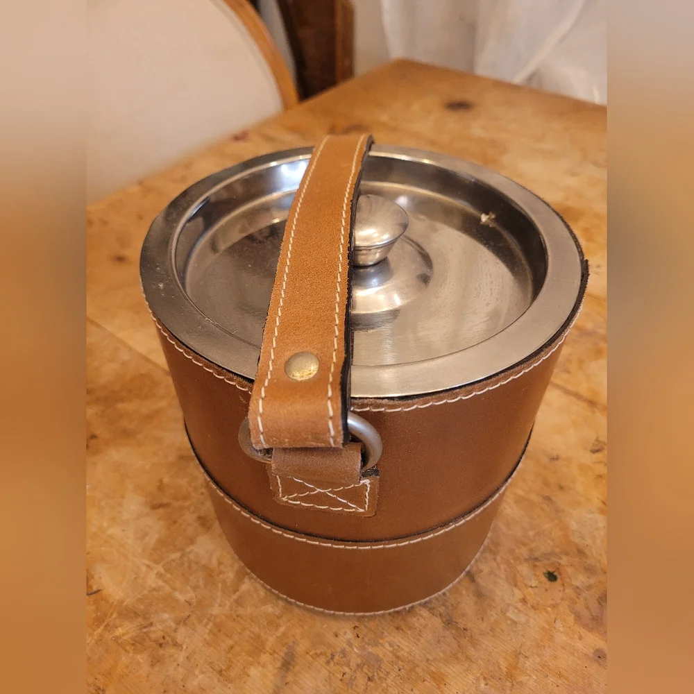 Pottery Barn Brown Leather Ice Bucket with Handle